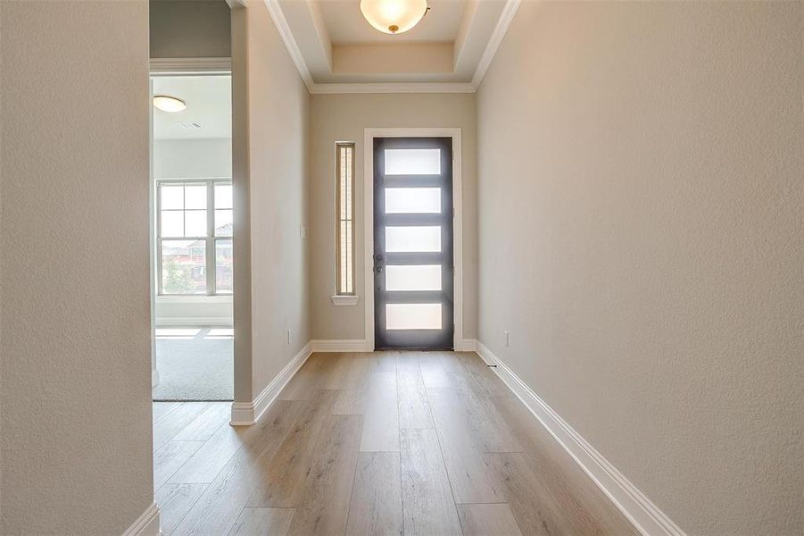 Foyer featuring a tray ceiling and light hardwood / wood-style flooring