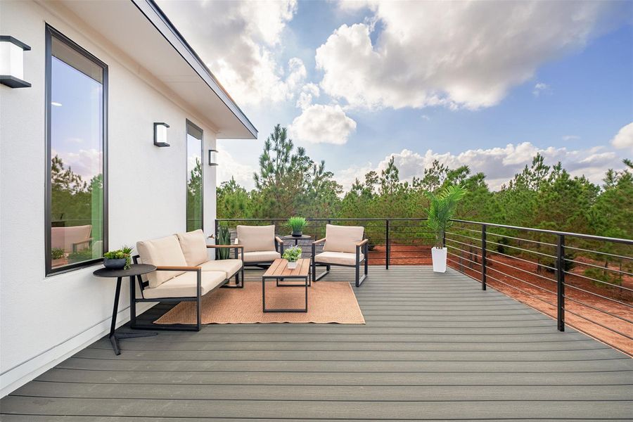 Wooden deck with an outdoor hangout area