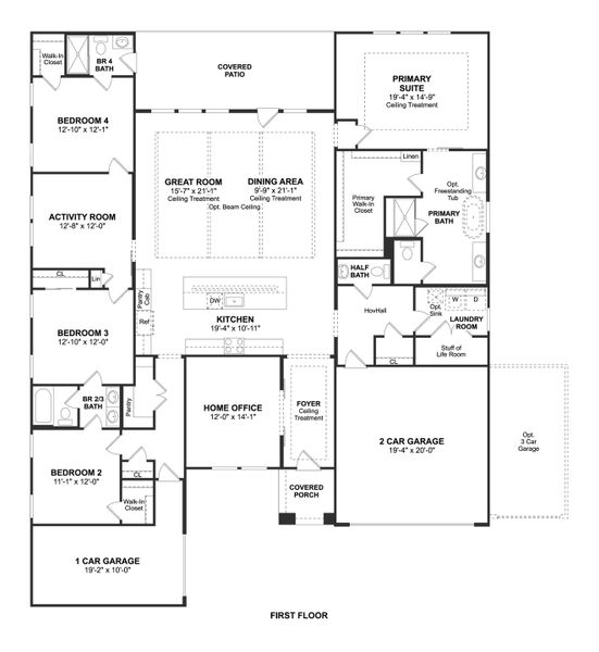 2D floor plan layout for the Austin by K. Hovnanian® Homes in Grand Oaks, Mont Belvieu, TX (Image 3). 2D floor plan layout for the Austin by K. Hovnanian® Homes in Grand Oaks, Mont Belvieu, TX (Image 3).