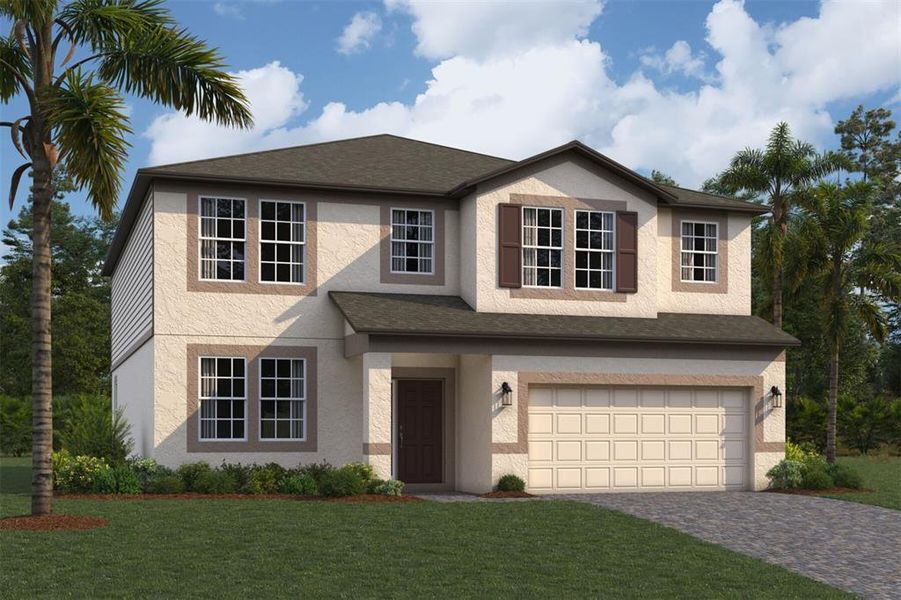 Front exterior of a new home in Hawthorne Ranch, Lakeland, FL, highlighting curb appeal (Image 1). Front exterior of a new home in Hawthorne Ranch, Lakeland, FL, highlighting curb appeal (Image 1).