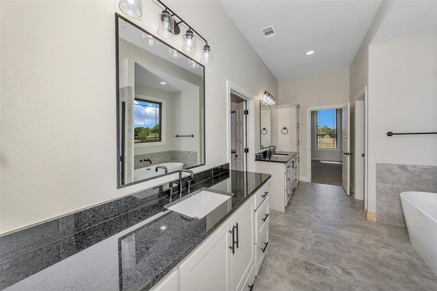 Bathroom with vanity and a bathing tub