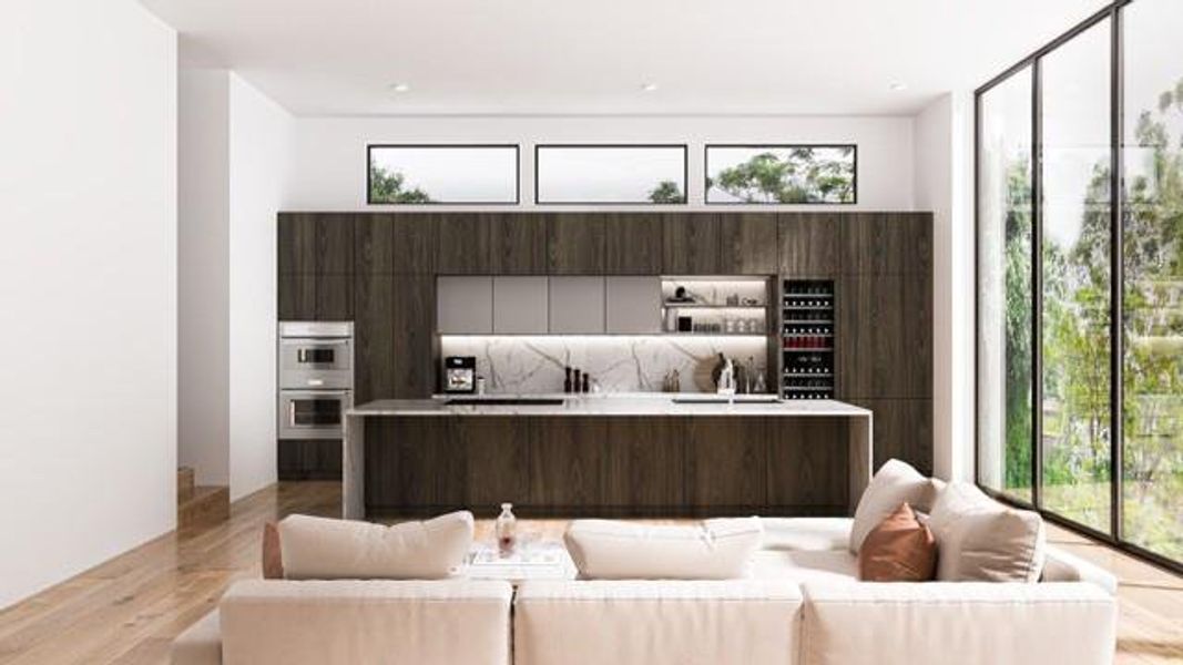 This photo showcases a modern, open-concept kitchen with sleek, dark cabinetry and built-in appliances. The space features a large island with a quartz countertop and waterfall quartz countertop. Floor-to-ceiling windows provide abundant natural light and a view of greenery, creating a bright and inviting atmosphere. Virtually Staged.