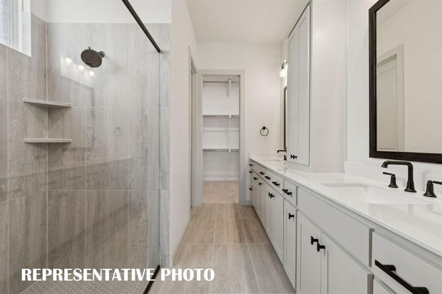Featuring ample space for two, a delightful walk in shower with drying area and a dream closet with seasonal hanging space, you'll enjoy a spa like experience every day in this wonderful owner's bath!  REPRESENTATIVE PHOTO