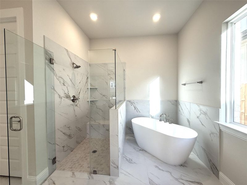 Full bathroom with plenty of natural light, a marble finish shower, a freestanding bath, marble tiled flooring, and a wainscoted wall