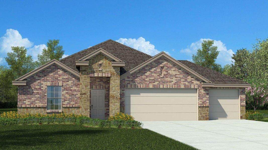 Front exterior of a new home in Turnbo Ranch Traditions, Killeen, TX, highlighting curb appeal (Image 1). Front exterior of a new home in Turnbo Ranch Traditions, Killeen, TX, highlighting curb appeal (Image 1).