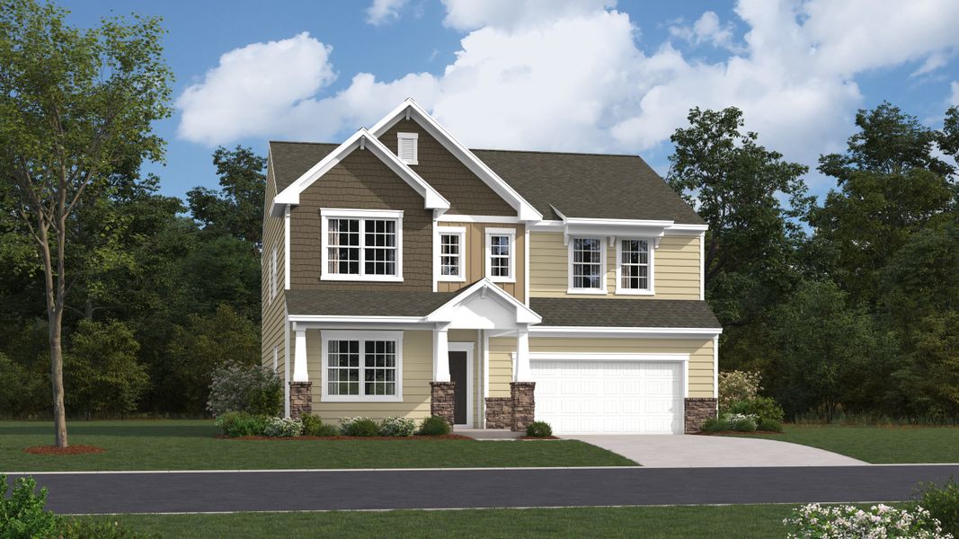 Front exterior of a new home in Shadow Stone, Simpsonville, SC, highlighting curb appeal (Image 1).