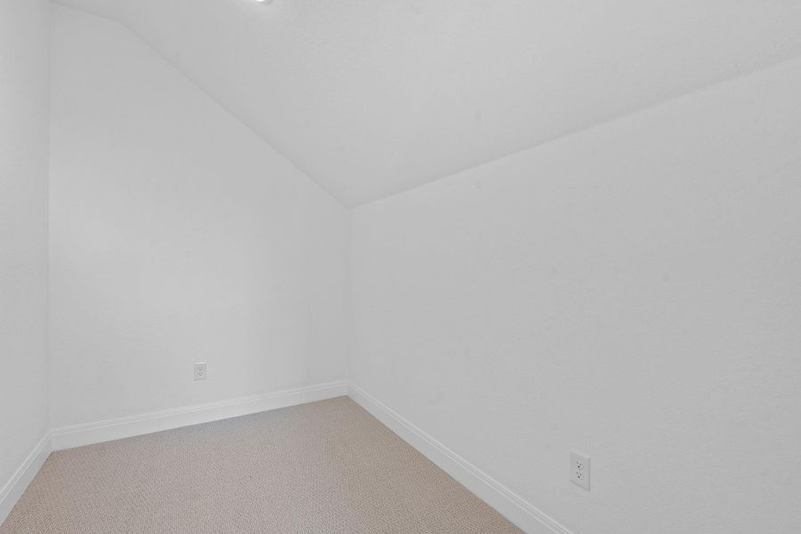Carpeted spare room featuring lofted ceiling and baseboards Carpeted spare room featuring lofted ceiling and baseboards