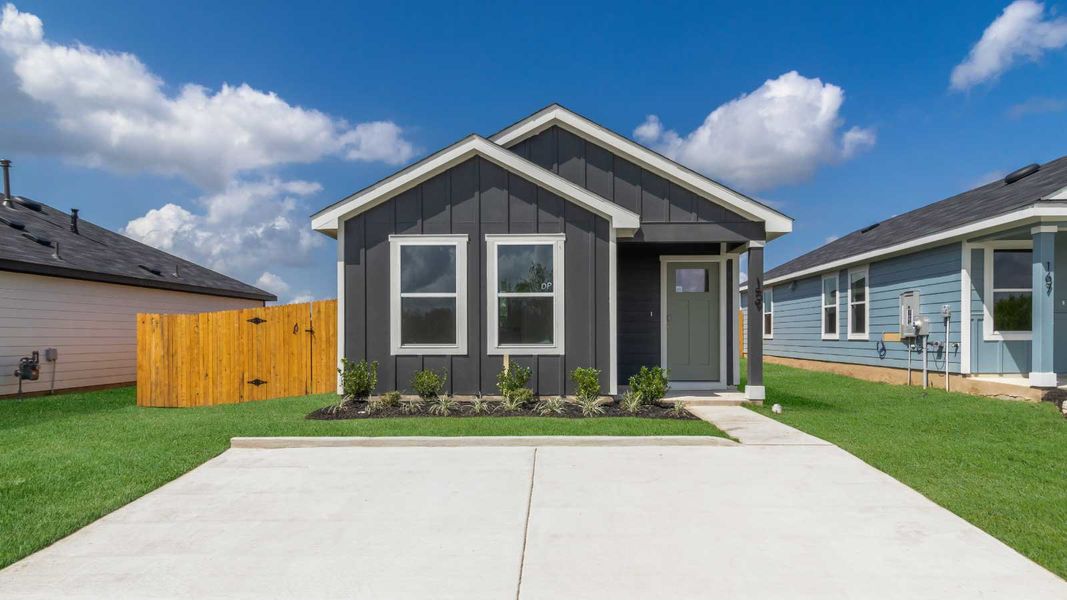 Representative exterior photo of a completed home built from the The Dahlia by D.R. Horton in Marigold, Kyle, TX (Image 2).