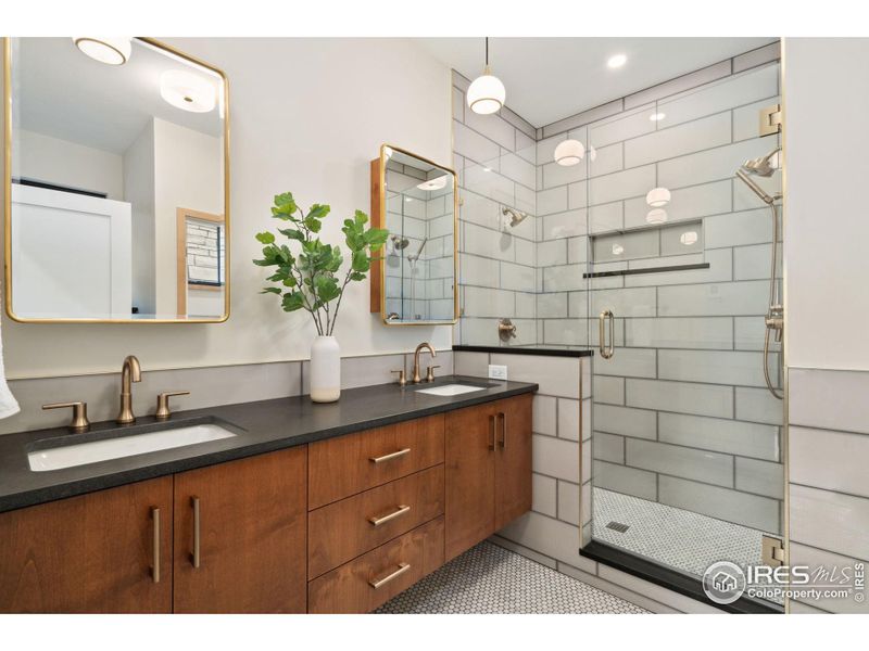 Primary Bathroom with Floating Vanity, Custom Tile and Heated Floors