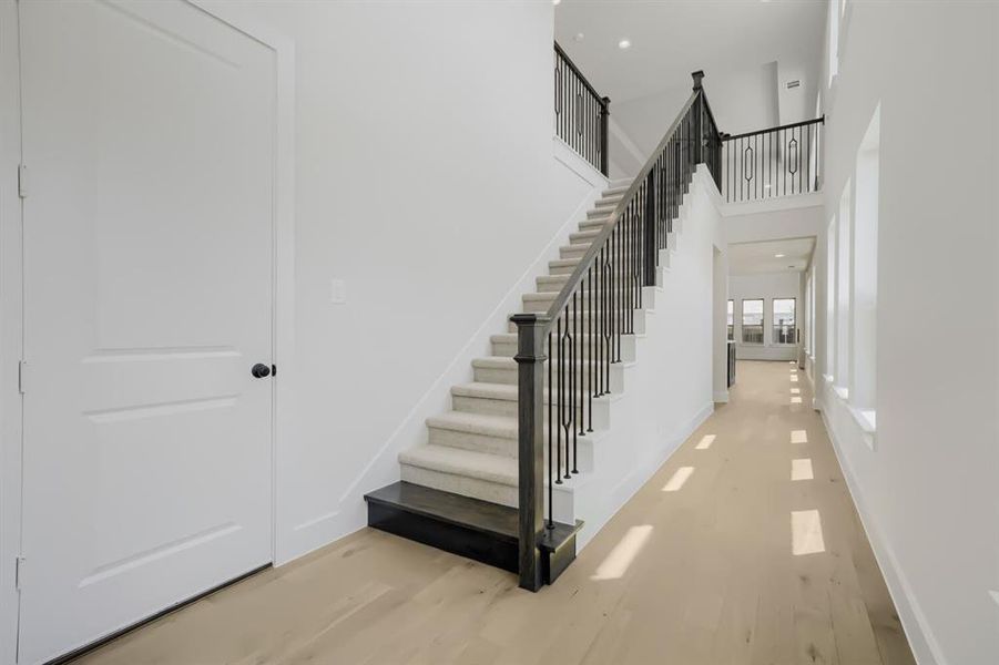 Elegant staircase featuring dark wood newel posts, black metal balusters, and carpeted treads