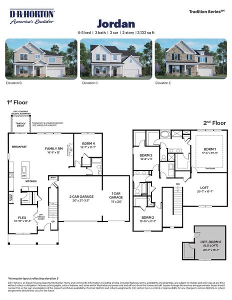 2D floor plan layout for the JORDAN by D.R. Horton in The Manors at Winston Pointe, Clayton, NC (Image 3).