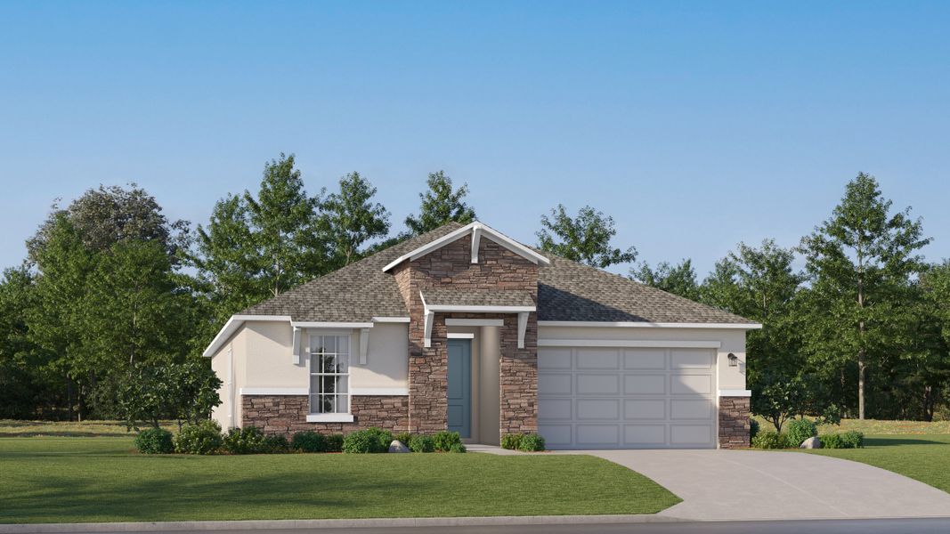 Front exterior of a new home in Two Rivers, Zephyrhills, FL, highlighting curb appeal (Image 1). Front exterior of a new home in Two Rivers, Zephyrhills, FL, highlighting curb appeal (Image 1).