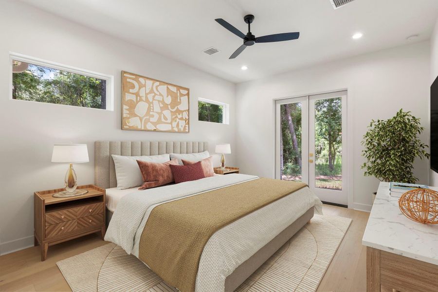 The primary suite is the perfect place to relax after a long day with a private patio, ensuite bath, and tons of closet space. The primary suite is the perfect place to relax after a long day with a private patio, ensuite bath, and tons of closet space.