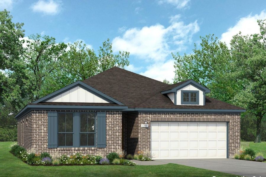 Front exterior of a new home in Hunters Crossing, Sealy, TX, highlighting curb appeal (Image 1). Front exterior of a new home in Hunters Crossing, Sealy, TX, highlighting curb appeal (Image 1).