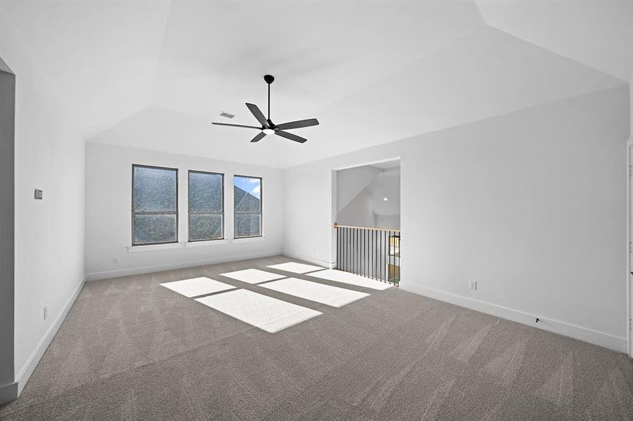 Unfurnished room featuring carpet floors, lofted ceiling, and ceiling fan