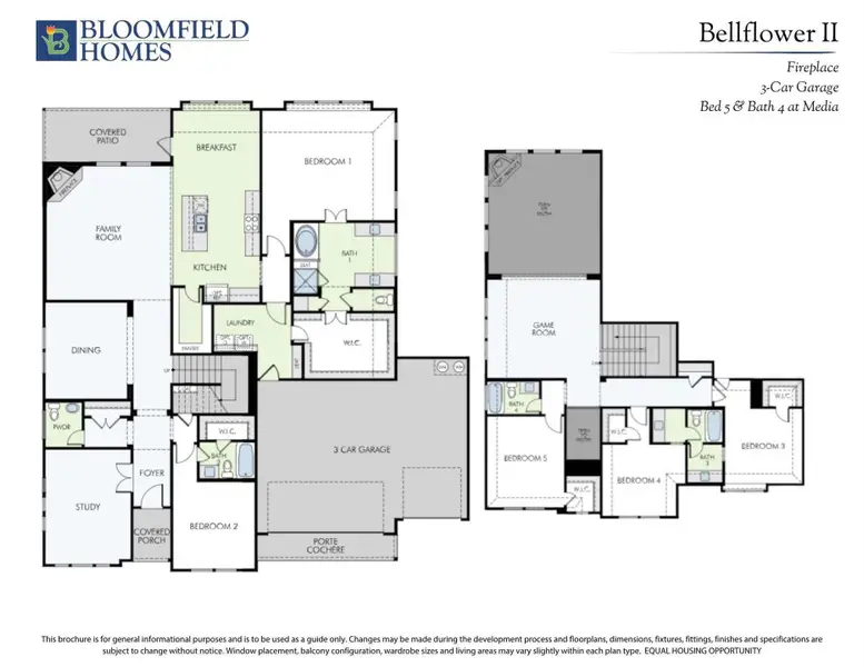 Bloomfield Homes Bellflower II floor plan with 5 bedrooms, 3-car garage, game room, and covered patio