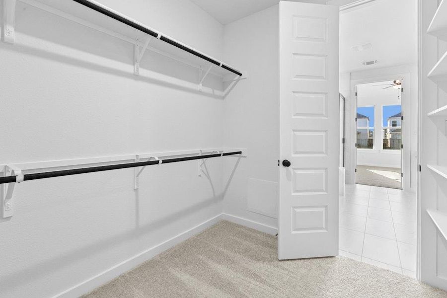 Walk in closet featuring light colored carpet and ceiling fan Walk in closet featuring light colored carpet and ceiling fan