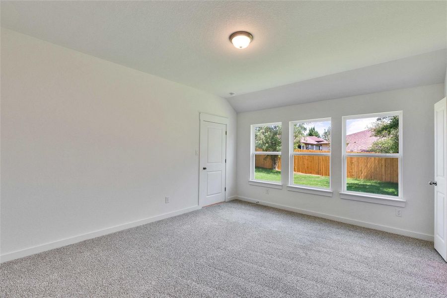 Carpeted empty room featuring baseboards and lofted ceiling Carpeted empty room featuring baseboards and lofted ceiling