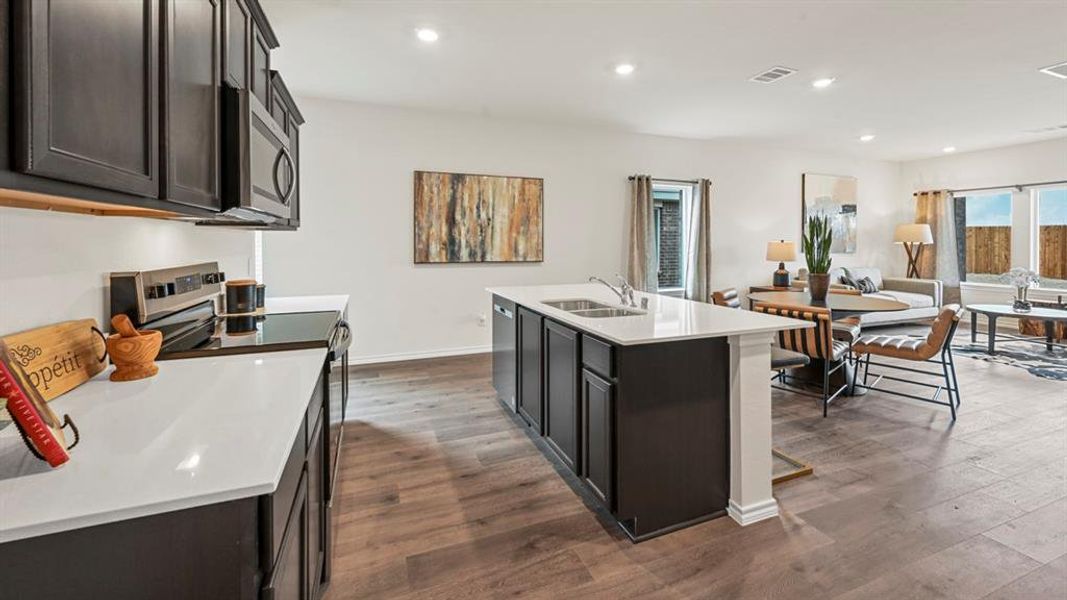 Kitchen with stainless steel appliances, an island with sink, recessed lighting, dark cabinetry, and dark wood-style flooring