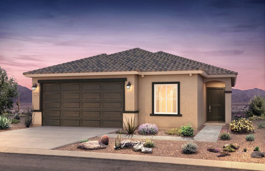 Front exterior of a new home in Copper Falls, Buckeye, AZ, highlighting curb appeal (Image 1). Front exterior of a new home in Copper Falls, Buckeye, AZ, highlighting curb appeal (Image 1).
