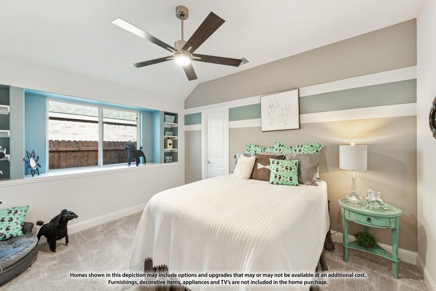 Bedroom with vaulted ceiling, ceiling fan, built-in shelves, and striped accent wall in teal and gray tones Bedroom with vaulted ceiling, ceiling fan, built-in shelves, and striped accent wall in teal and gray tones