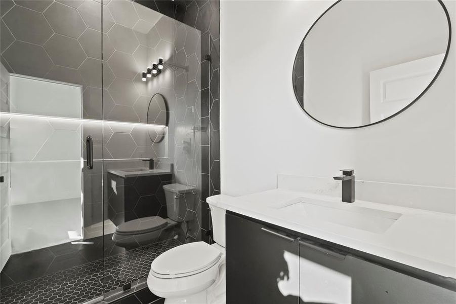 Full bath with vanity and a shower stall