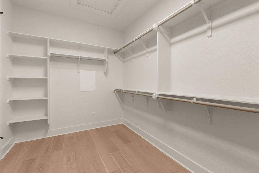 Walk in closet featuring light wood-style floors and attic access
