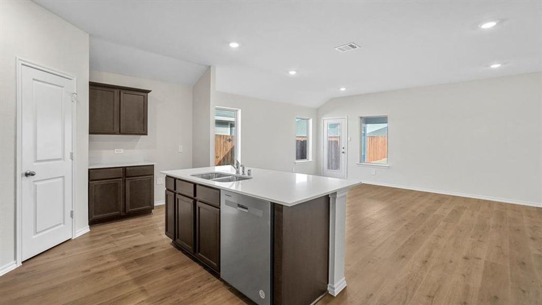 Kitchen featuring dark wood finish cabinetry, stainless steel dishwasher, healthy amount of natural light, dark wood finished floors, and recessed lighting