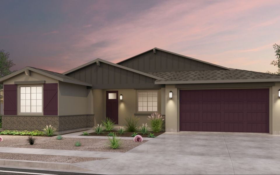 Representative exterior photo of a completed home built from the Agave by Brookfield Residential in Mariposa at Blossom Rock, Apache Junction, AZ (Image 1).