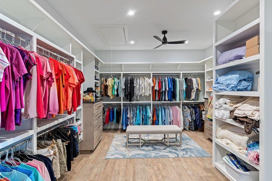 Expansive walk-in wardrobe featuring extensive built-in shelving, hanging rods, and wood-finish flooring