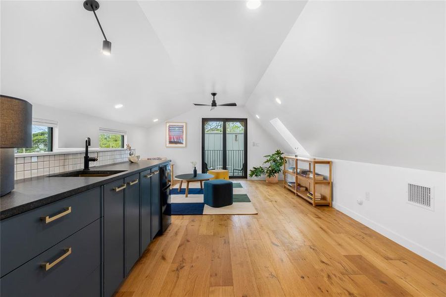 Loft living room with wet bar