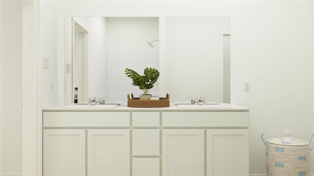 Bathroom featuring vanity and decorative backsplash