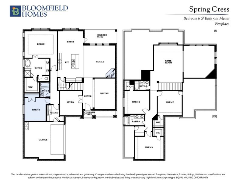 Bloomfield Homes Spring Cress floor plan showing 6 bedrooms, 5 bathrooms, game room, and covered patio across two floors.