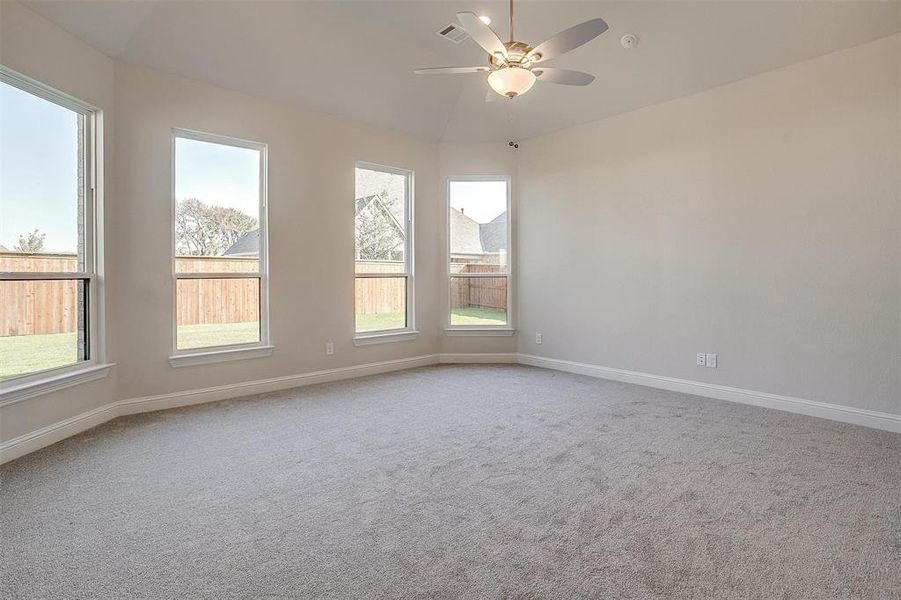 Carpeted spare room with ceiling fan