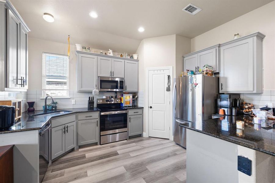 Kitchen with sink, light wood-type flooring, stainless steel appliances, and tasteful backsplash