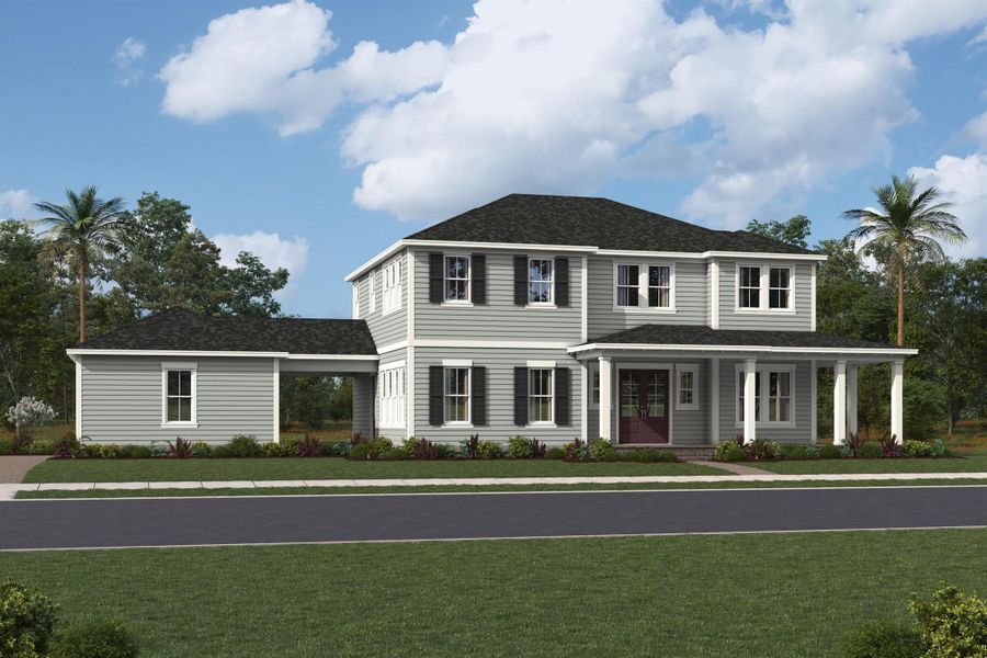 Front exterior of a new home in Newfield - Rosette Park, Palm City, FL, highlighting curb appeal (Image 1). Front exterior of a new home in Newfield - Rosette Park, Palm City, FL, highlighting curb appeal (Image 1).