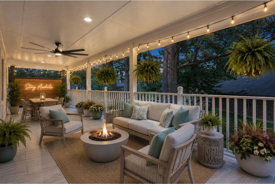 Amazing second floor balcony with privacy wall, large tile flooring,modern ceiling fans, virtually furnished to imagine its potential. Amazing second floor balcony with privacy wall, large tile flooring,modern ceiling fans, virtually furnished to imagine its potential.