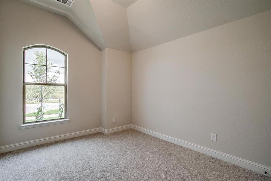 Carpeted empty room with lofted ceiling and a healthy amount of sunlight