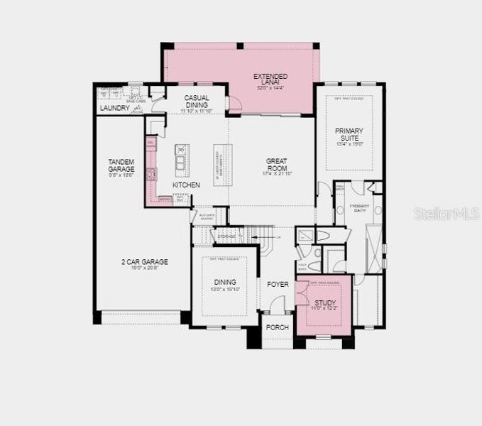 Structural options added include; Gourmet kitchen, study, shower in bath 2, 3, and 4, 8' interior doors, tray ceilings in dining, study, primary suite, media and game room, impact windows, outdoor kitchen rough-in, and extended lanai.