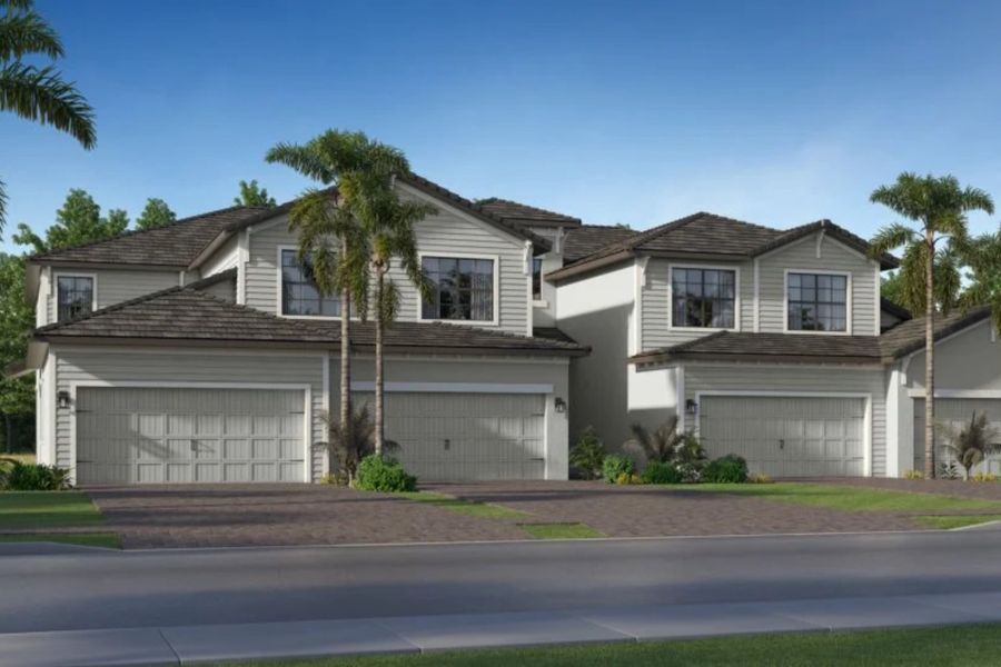Front exterior of a new home in Calusa Country Club: Coach Homes, Lakewood Ranch, FL, highlighting curb appeal (Image 1). Front exterior of a new home in Calusa Country Club: Coach Homes, Lakewood Ranch, FL, highlighting curb appeal (Image 1).
