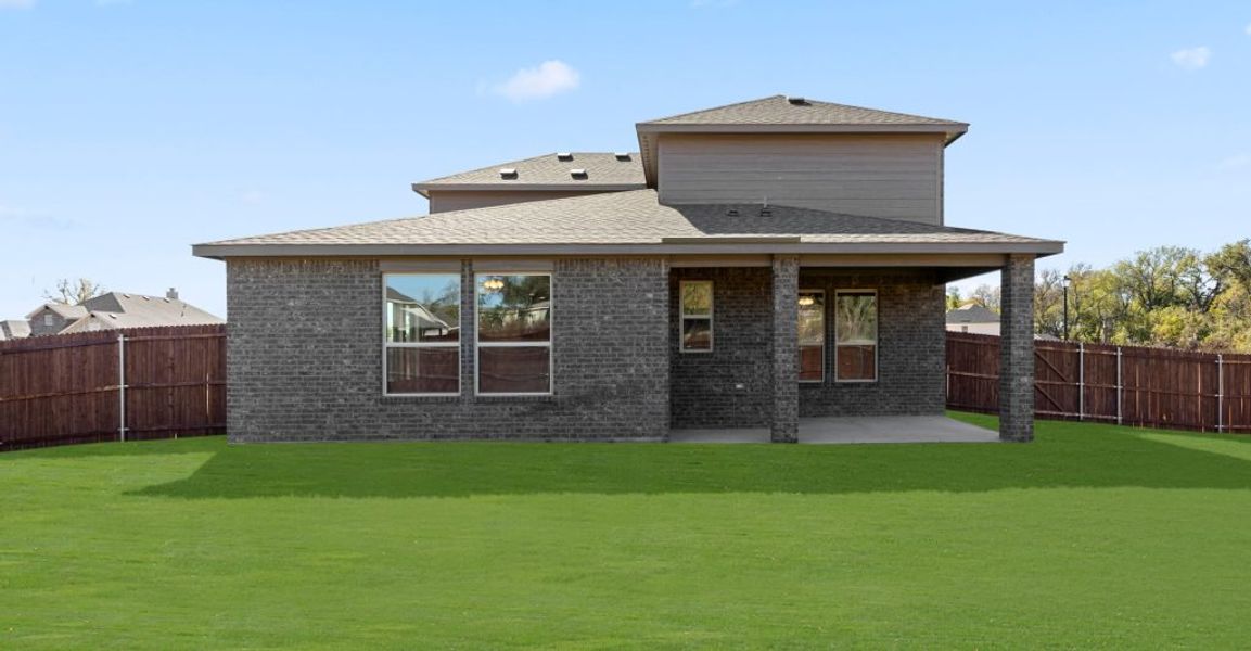 Representative exterior photo of a completed home built from the Raleigh by Impression Homes in Keeneland, Aubrey, TX (Image 24). Representative exterior photo of a completed home built from the Raleigh by Impression Homes in Keeneland, Aubrey, TX (Image 24).