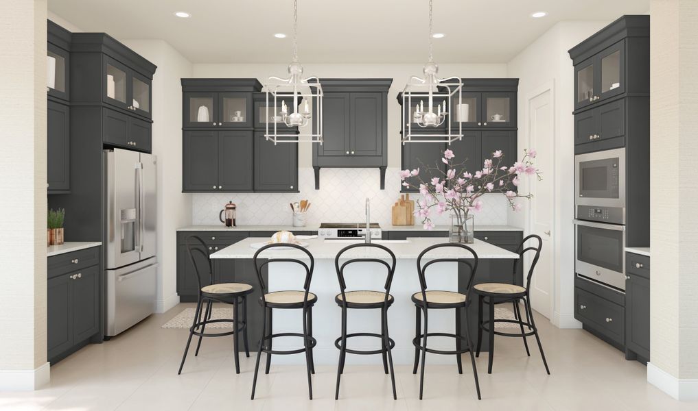 Kitchen with stacked glass-front upper cabinets