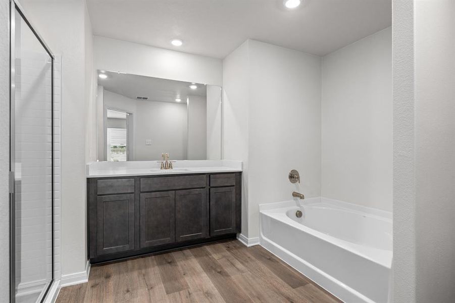 Bathroom with vanity, wood finished floors, a shower stall, a garden tub, and recessed lighting