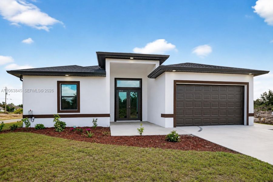 Front exterior of a new home in , Lehigh Acres, FL, highlighting curb appeal (Image 23).