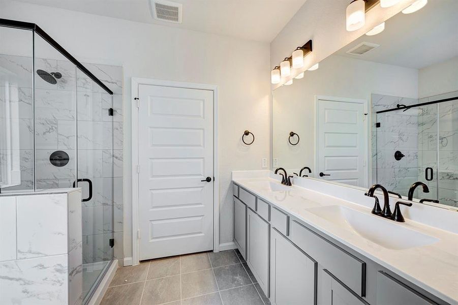 The Davenport II Primary Bathroom with Dual Vanities and Walk-In Shower The Davenport II Primary Bathroom with Dual Vanities and Walk-In Shower