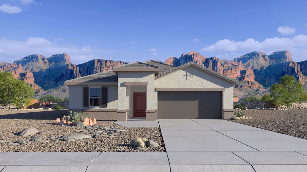 Front exterior of a new home in Radiance at Superstition Vistas, Apache Junction, AZ, highlighting curb appeal (Image 1).