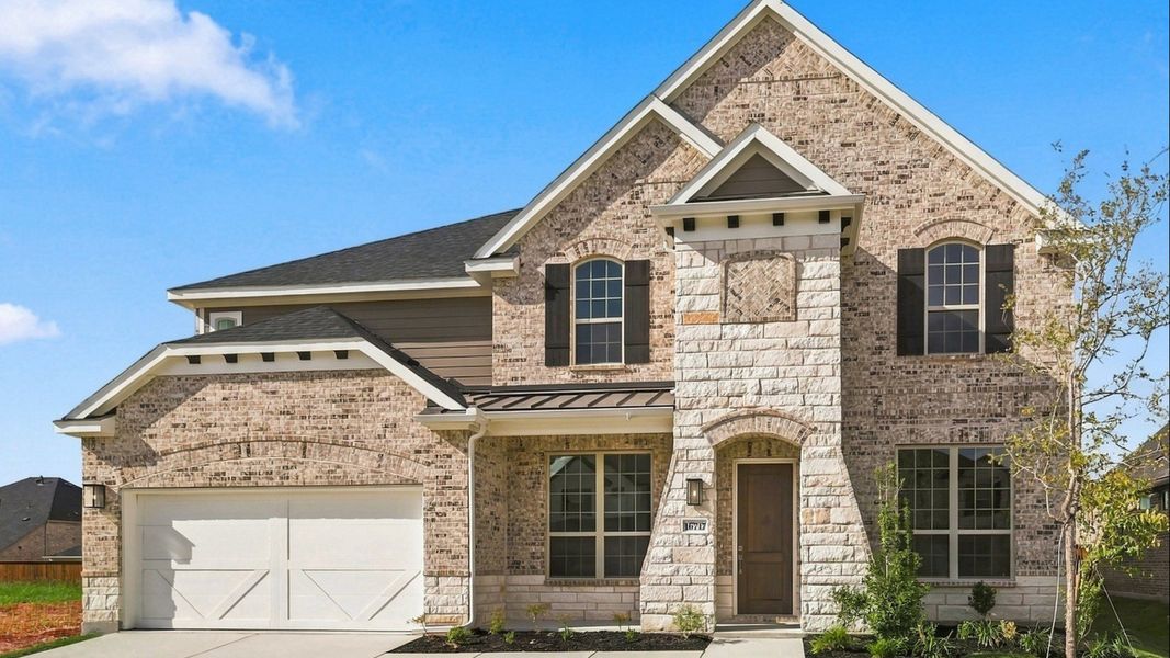 Front exterior of a new home in Green Meadows Classic, Celina, TX, highlighting curb appeal (Image 24).