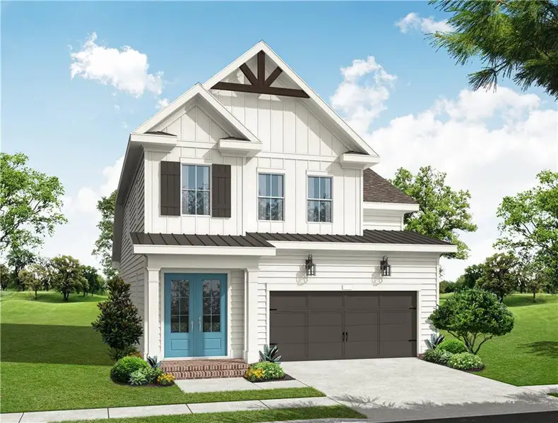 Front exterior of a new home in Palisades Single Family, Cumming, GA, highlighting curb appeal (Image 1). Front exterior of a new home in Palisades Single Family, Cumming, GA, highlighting curb appeal (Image 1).