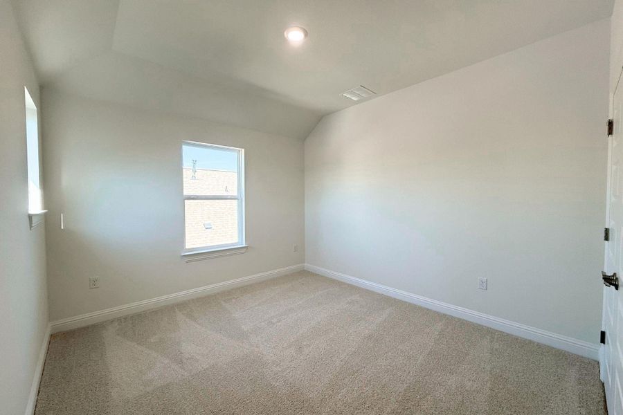 Carpeted empty room with baseboards and vaulted ceiling
