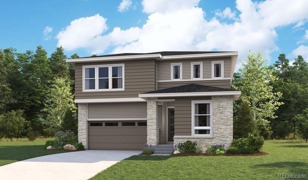 Front exterior of a new home in Revere, Johnstown, CO, highlighting curb appeal (Image 1). Front exterior of a new home in Revere, Johnstown, CO, highlighting curb appeal (Image 1).